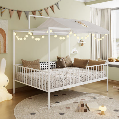 3-in-1 Montessori canopy bed with fenced sides, white frame and star bedding on Tampa Home & Garden Store