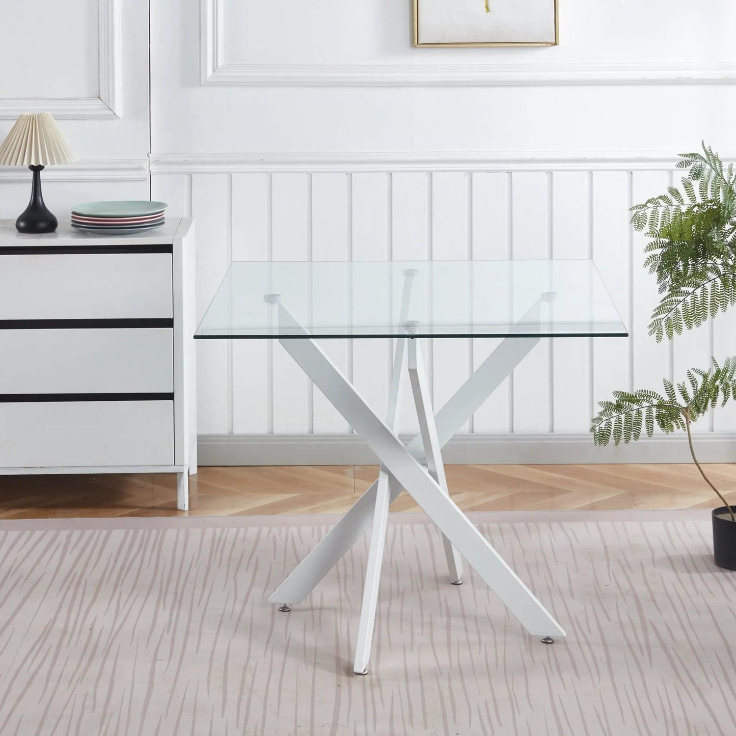 Dining table with cross metal legs and tempered glass top, modern compact square kitchen table on Tampa Home & Garden Store