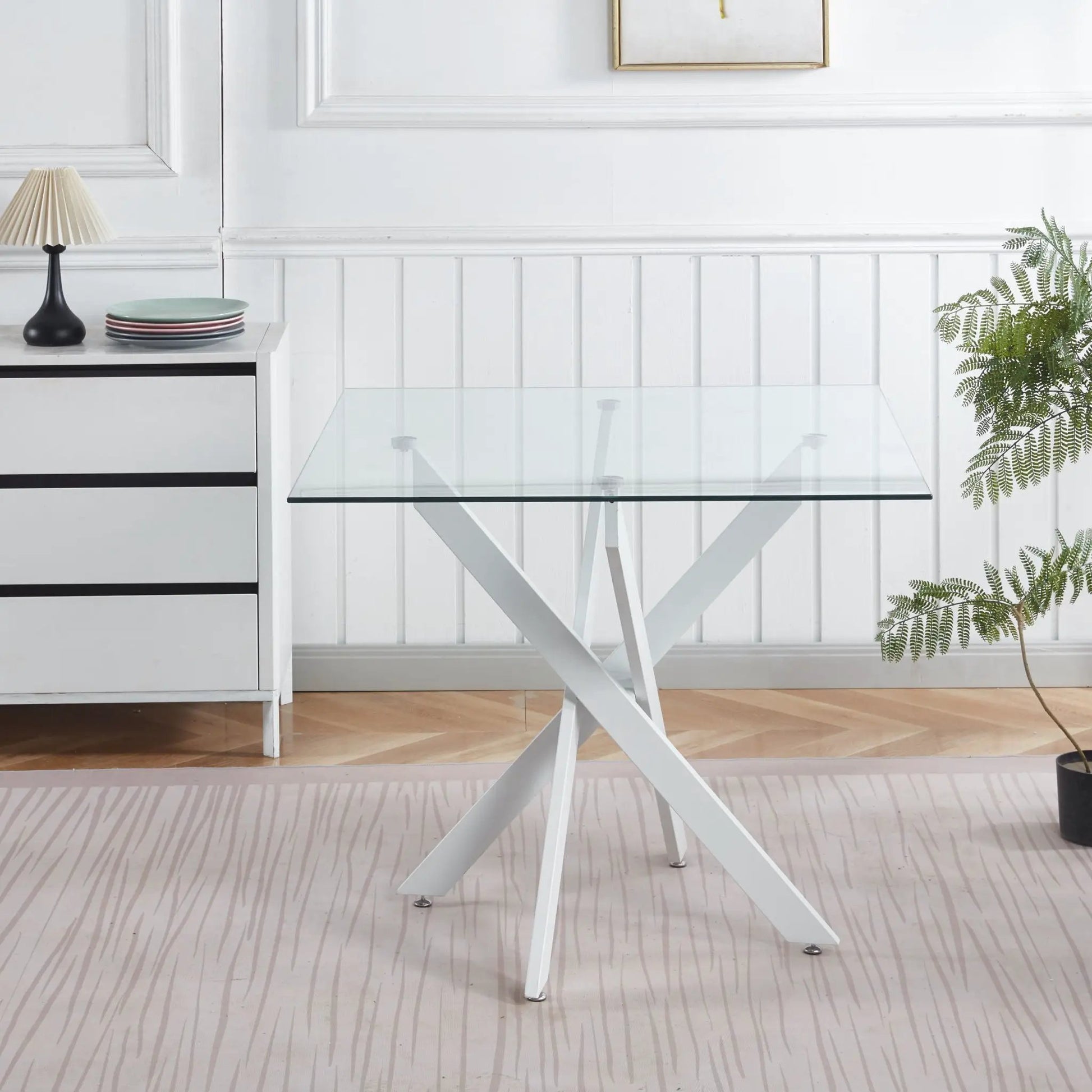 Dining table with cross metal legs and tempered glass top, modern compact square kitchen table on Tampa Home & Garden Store