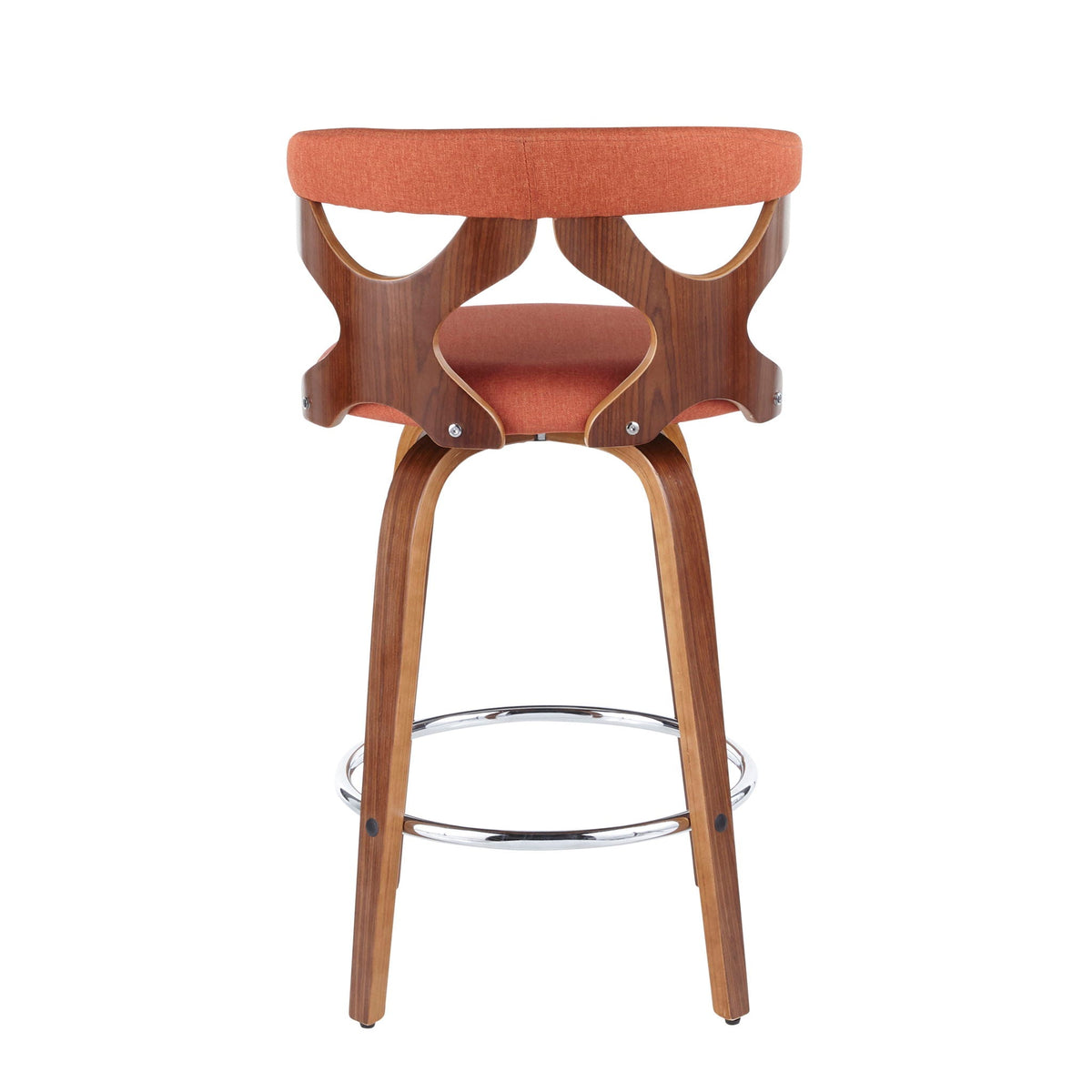 Mid Century Modern counter stool set with swivel, orange fabric, curved wood frame on Tampa Home & Garden Store