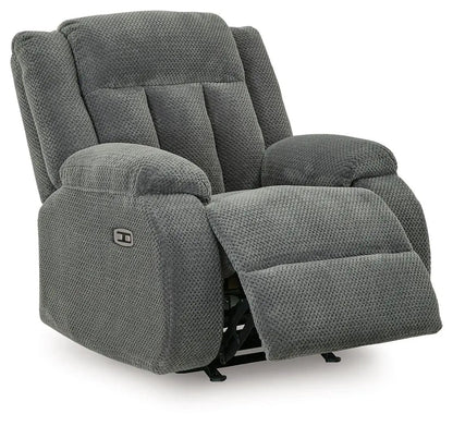 Observation Power Rocker Recliner in steel gray textured fabric with plush cushions on Tampa Home & Garden Store
