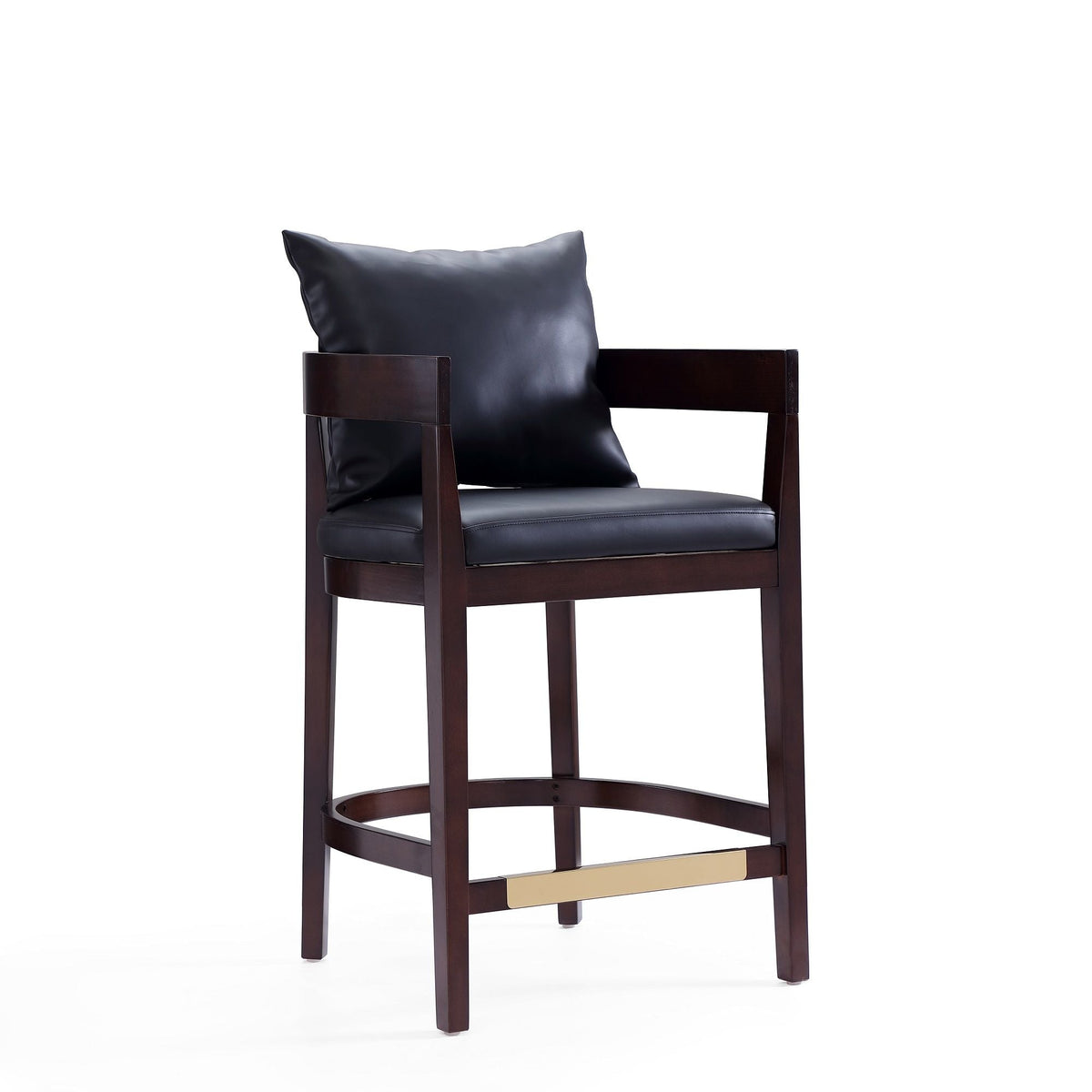 Mid-Century Modern counter-height stool with upholstered dark gray leather seat and back, dark wood frame on Tampa Home & Garden Store