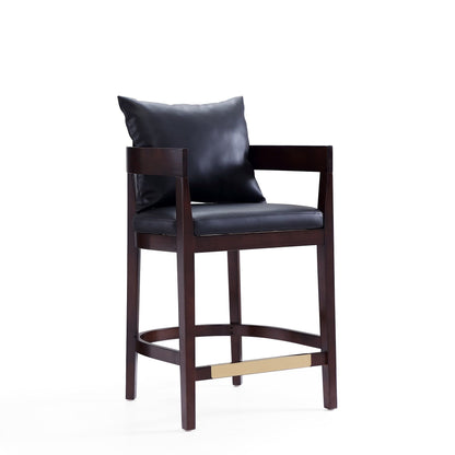 Mid-Century Modern counter-height stool with upholstered dark gray leather seat and back, dark wood frame on Tampa Home & Garden Store