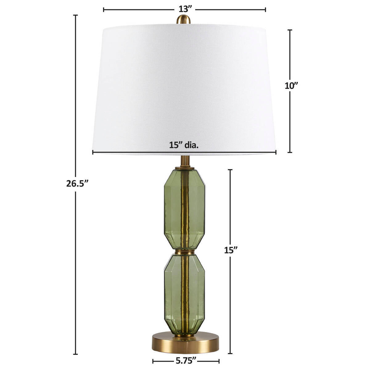 Faceted green glass table lamp by HouseOfZazla with white fabric shade and brass accents on Tampa Home & Garden Store