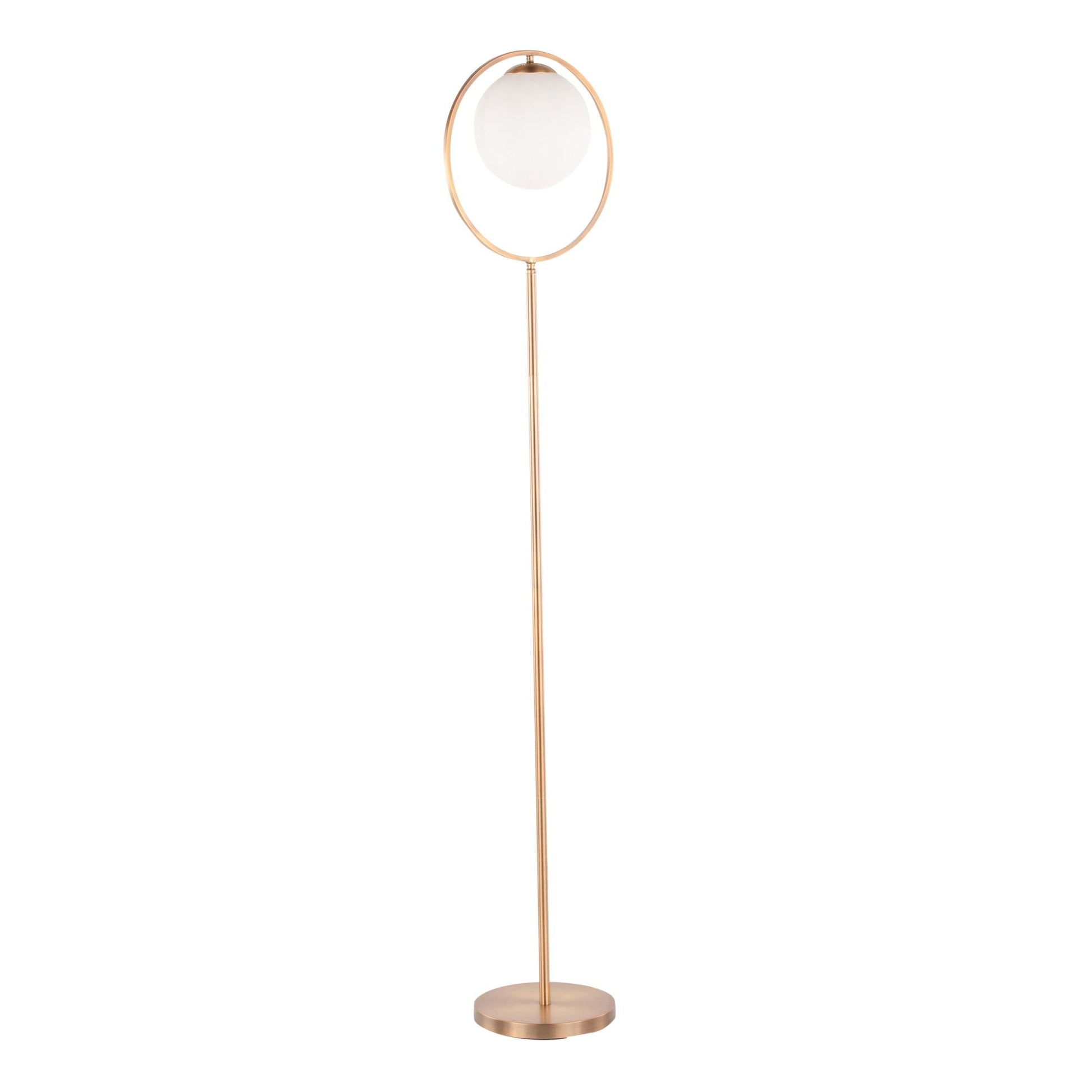 Moon contemporary floor lamp with a gold metal ring frame and frosted globe, HouseOfZazla on Tampa Home & Garden Store
