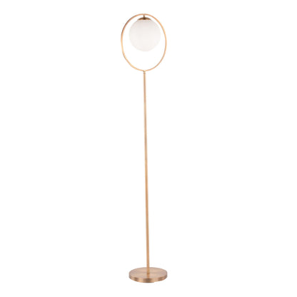 Moon contemporary floor lamp with a gold metal ring frame and frosted globe, HouseOfZazla on Tampa Home & Garden Store