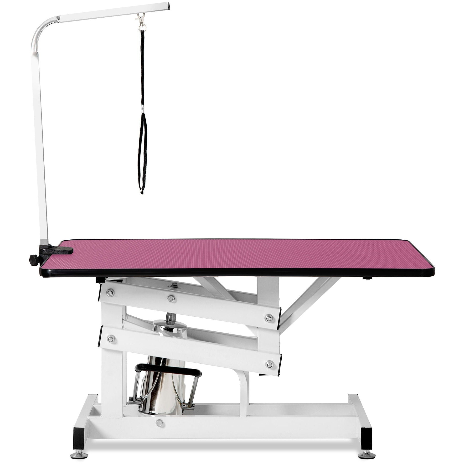 Hydraulic Pet Grooming Table with pink top, chrome frame, arm and hanging strap on Tampa Home & Garden Store