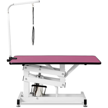 Hydraulic Pet Grooming Table with pink top, chrome frame, arm and hanging strap on Tampa Home & Garden Store