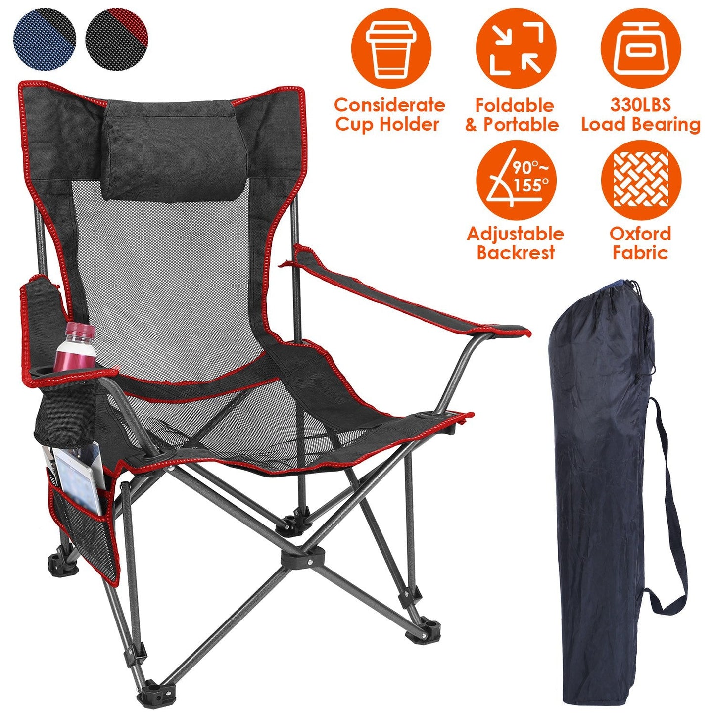 GemGear foldable camping chair with heavy-duty steel frame, reclining back, cup holder on Tampa Home & Garden Store