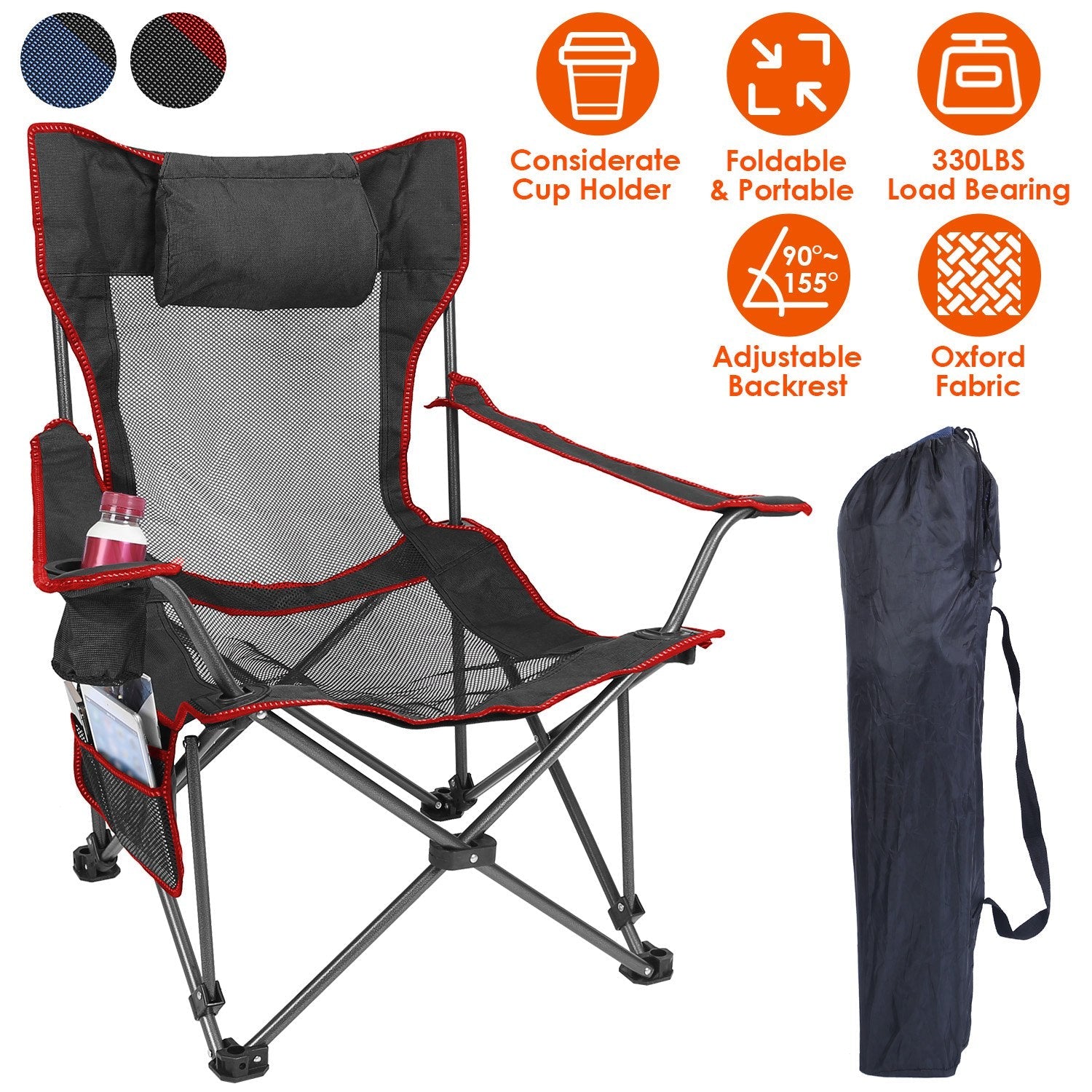 GemGear foldable camping chair with heavy-duty steel frame, reclining back, cup holder on Tampa Home & Garden Store