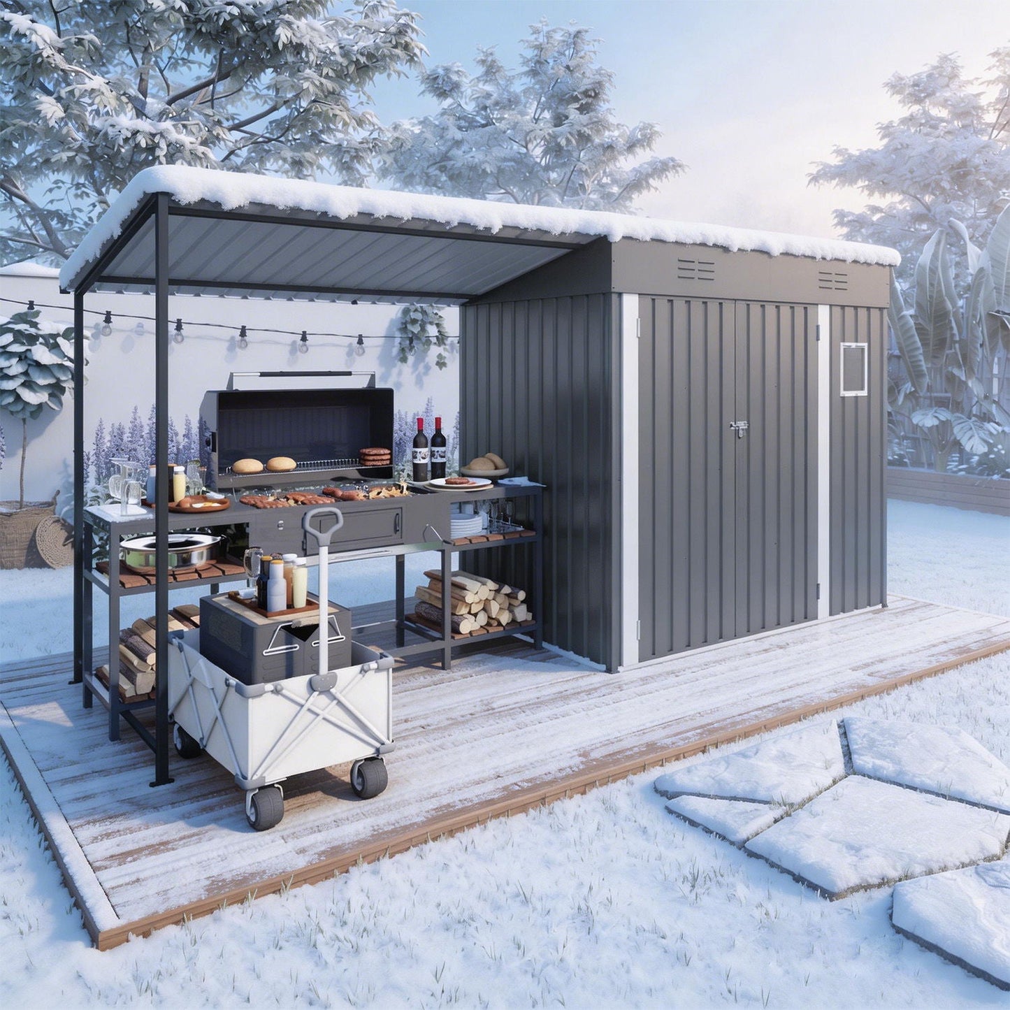 Heavy Gray Storage Shed and the Pergola Combo