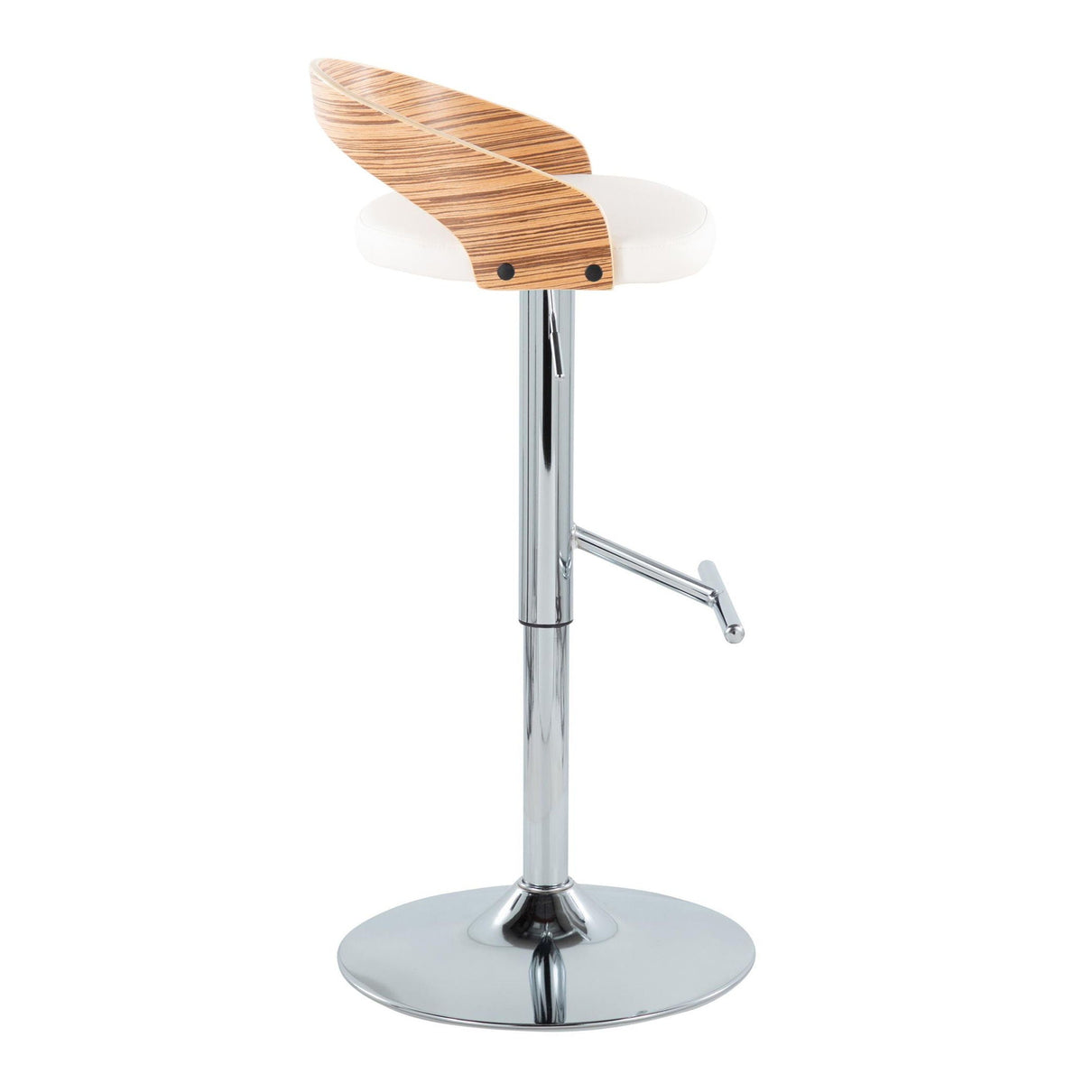 Contemporary adjustable height barstool with white cushioned seat and curved wood back on Tampa Home & Garden Store