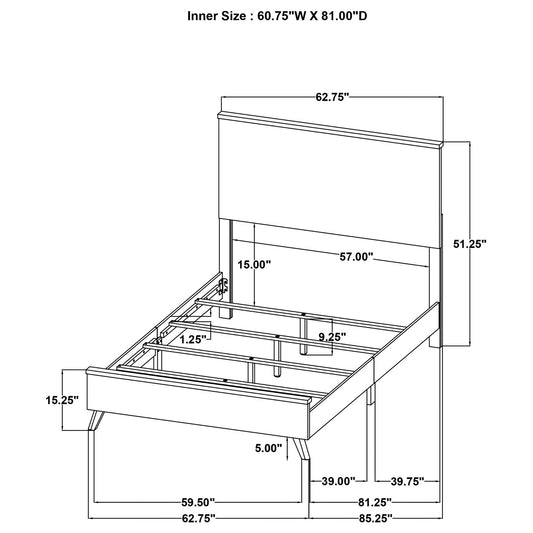 Fraser Queen Panel Bed natural finish schematic with dimensioned 62.75W x 85.25L by HouseOfZazla on Tampa Home & Garden Store