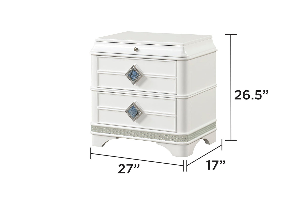 Laguna white nightstand by HouseOfZazla with 4 drawers and blue-diamond accents on Tampa Home & Garden Store
