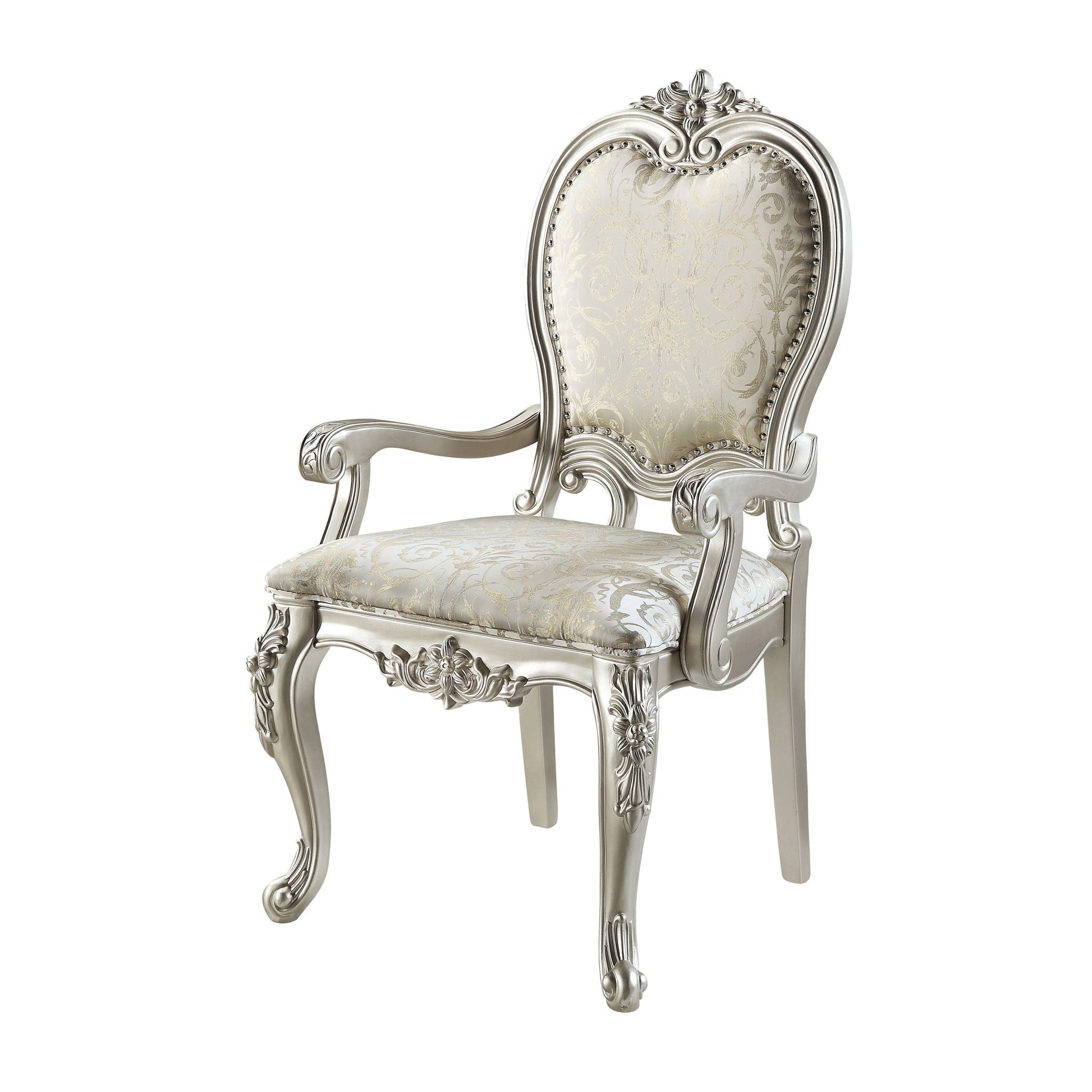 Bently arm chair set of 2 champagne with silver frame and damask upholstery HouseOfZazla on Tampa Home & Garden Store