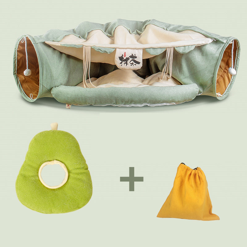 Cat tunnel bed Four Seasons, by Sell My Stuff, beige interior, lime cushion and yellow bag set on Tampa Home & Garden Store
