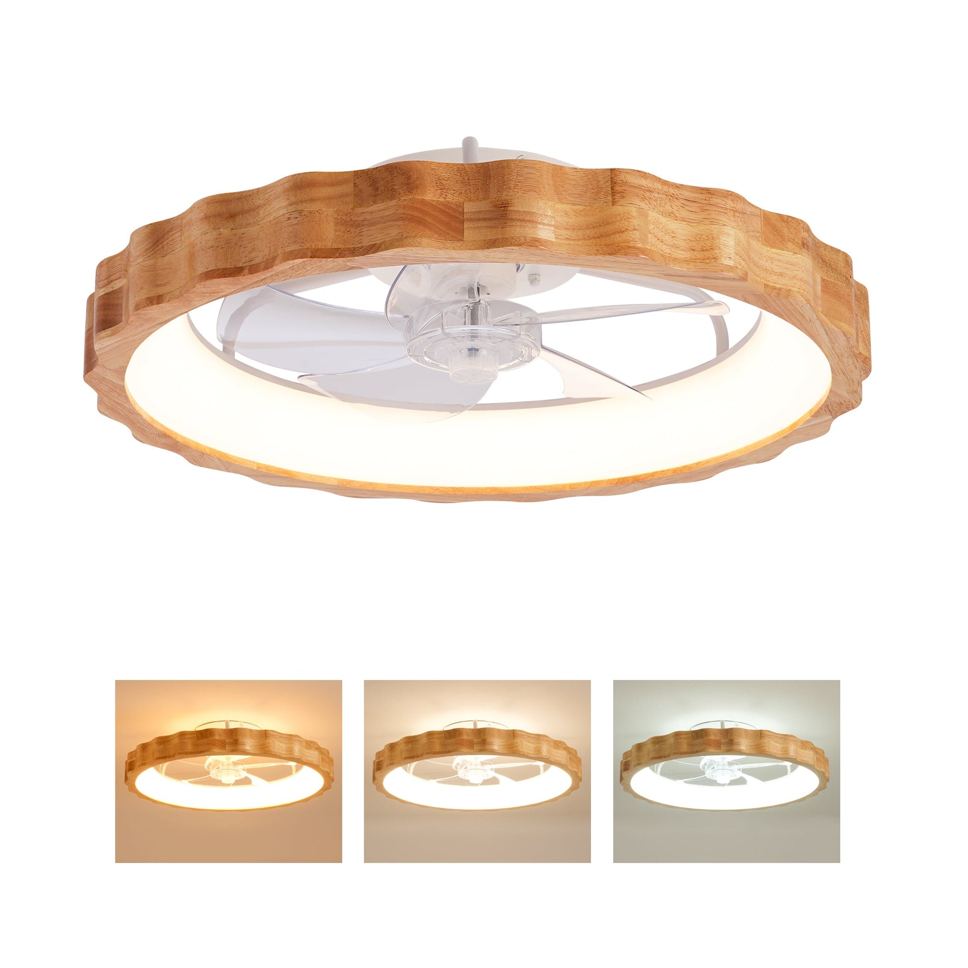 20-inch Plum Blossom flush mount ceiling fan with lights and remote natural wood ring shade on Tampa Home & Garden Store