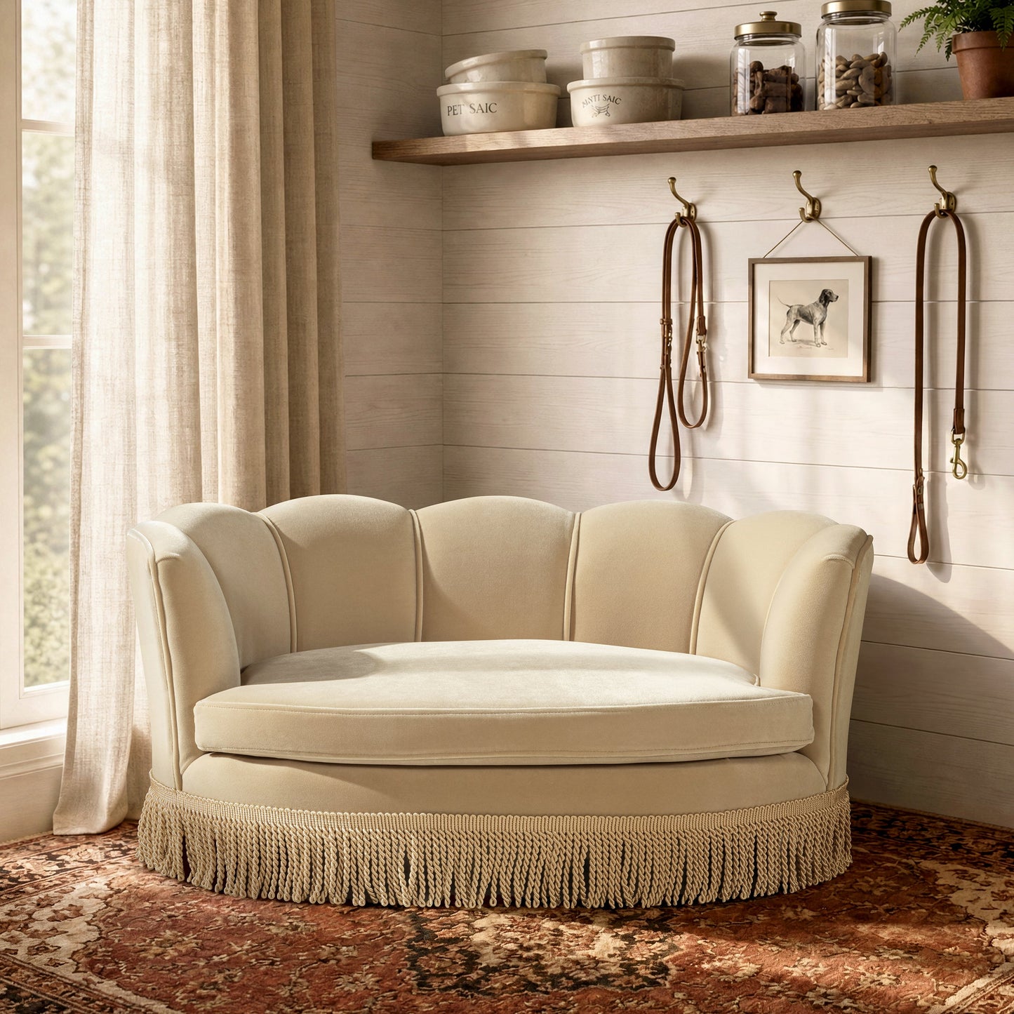 Clara 34.5in scalloped pet sofa bed, medium, fawn fabric with fringe-trim base on Tampa Home & Garden Store