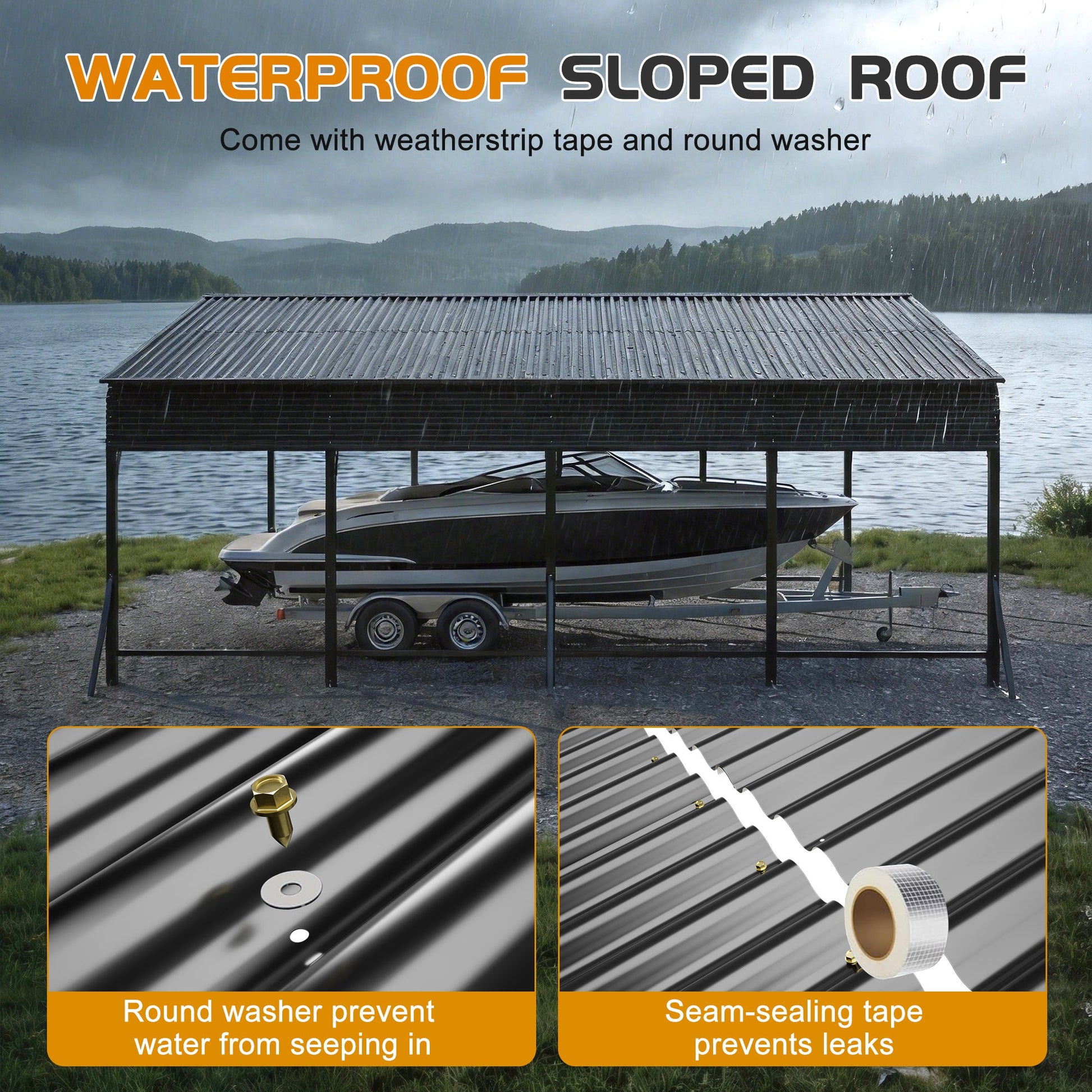 20x20 galvanized steel carport canopy sheltering a boat trailer by a lake in rainy weather on Tampa Home & Garden Store