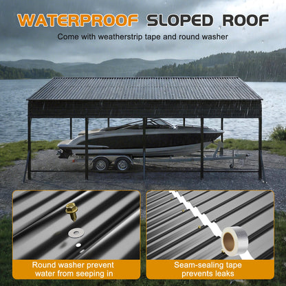 20x20 galvanized steel carport canopy sheltering a boat trailer by a lake in rainy weather on Tampa Home & Garden Store