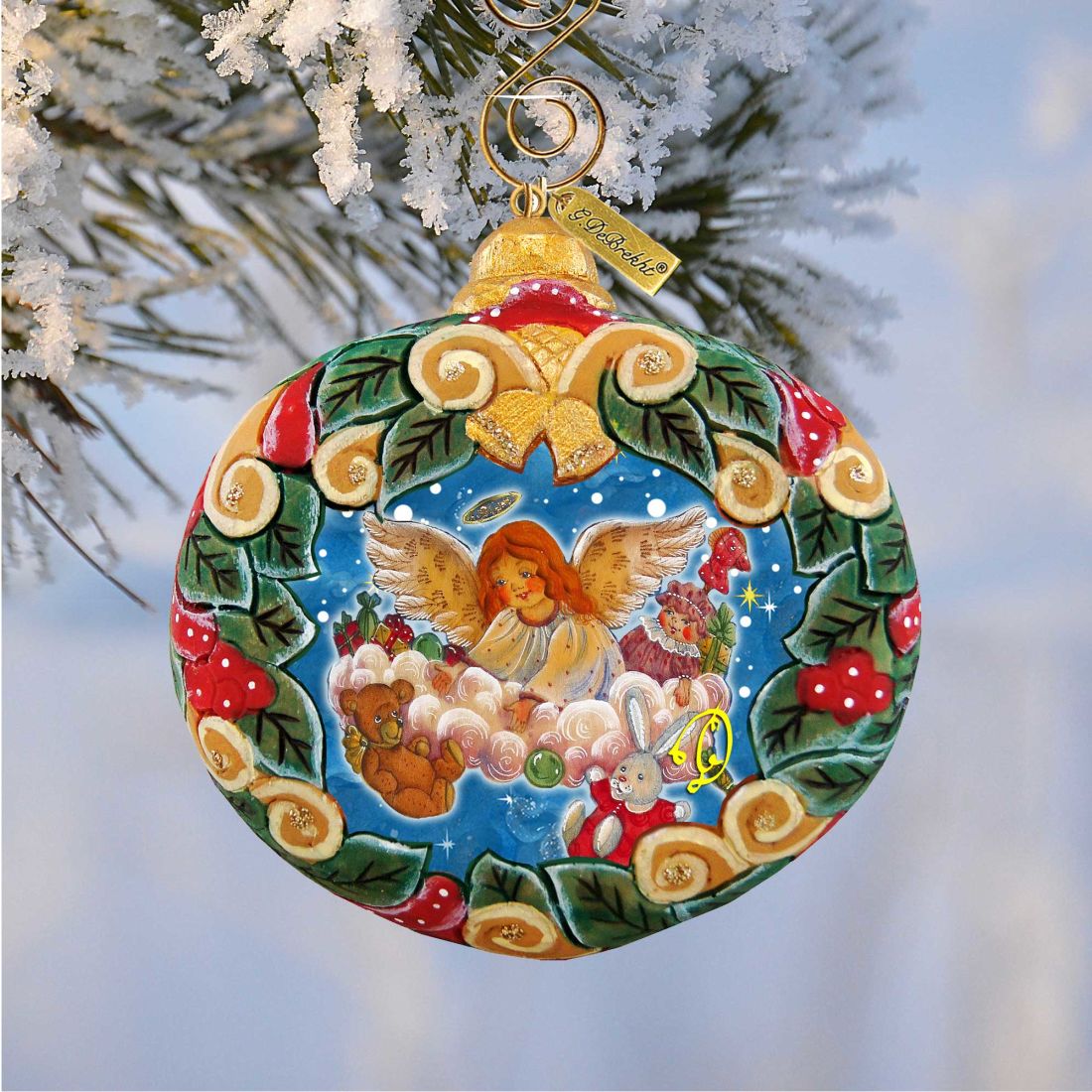 Angel's Gift Wreath Sculpted Ornament by G.DeBrekht nativity angel and holly wreath on Tampa Home & Garden Store