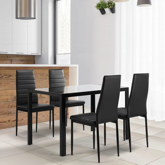 5 Piece Dining Table Set for 4 with tempered glass table and 4 black faux leather chairs on Tampa Home & Garden Store