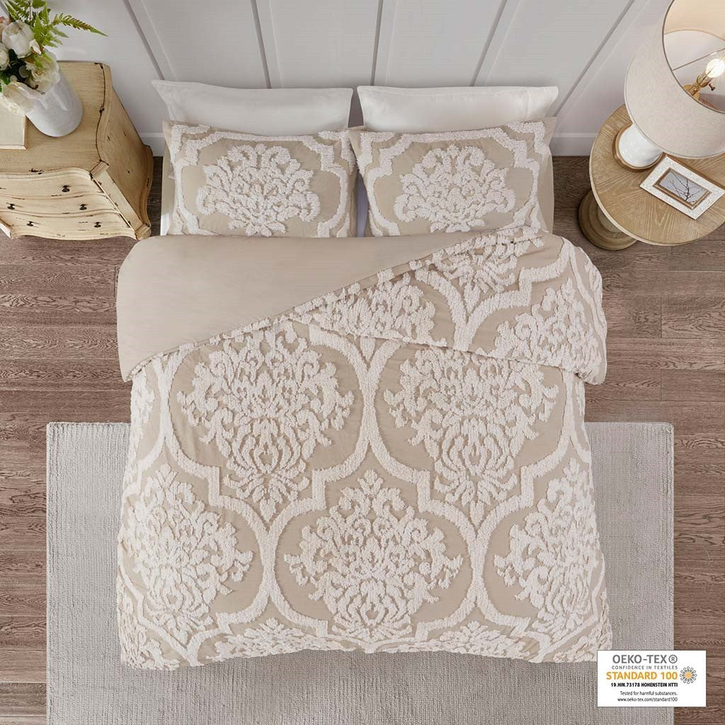 HouseOfZazla King/Cal King 3-piece tufted cotton chenille damask duvet cover set beige on Tampa Home & Garden Store
