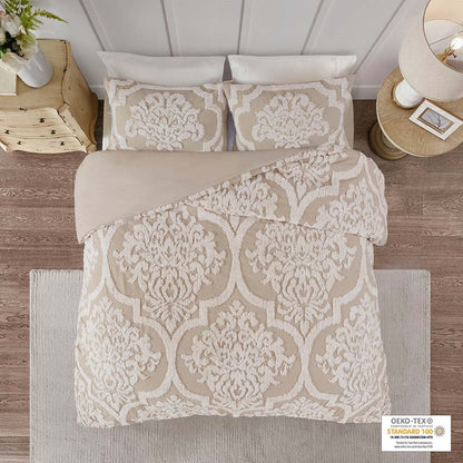 HouseOfZazla King/Cal King 3-piece tufted cotton chenille damask duvet cover set beige on Tampa Home & Garden Store