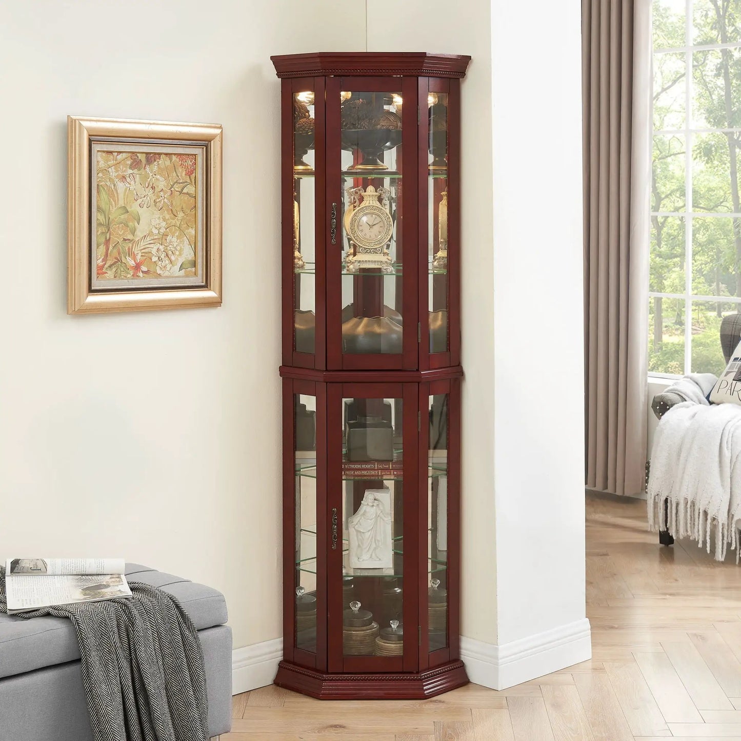 Corner Curio Cabinet With Lights cherry finish tempered glass shelves mirrored back on Tampa Home & Garden Store