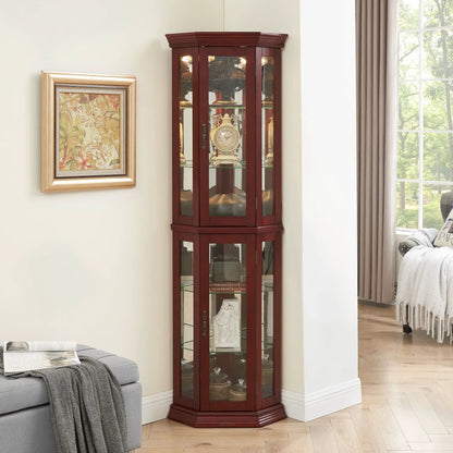 Corner Curio Cabinet With Lights cherry finish tempered glass shelves mirrored back on Tampa Home & Garden Store