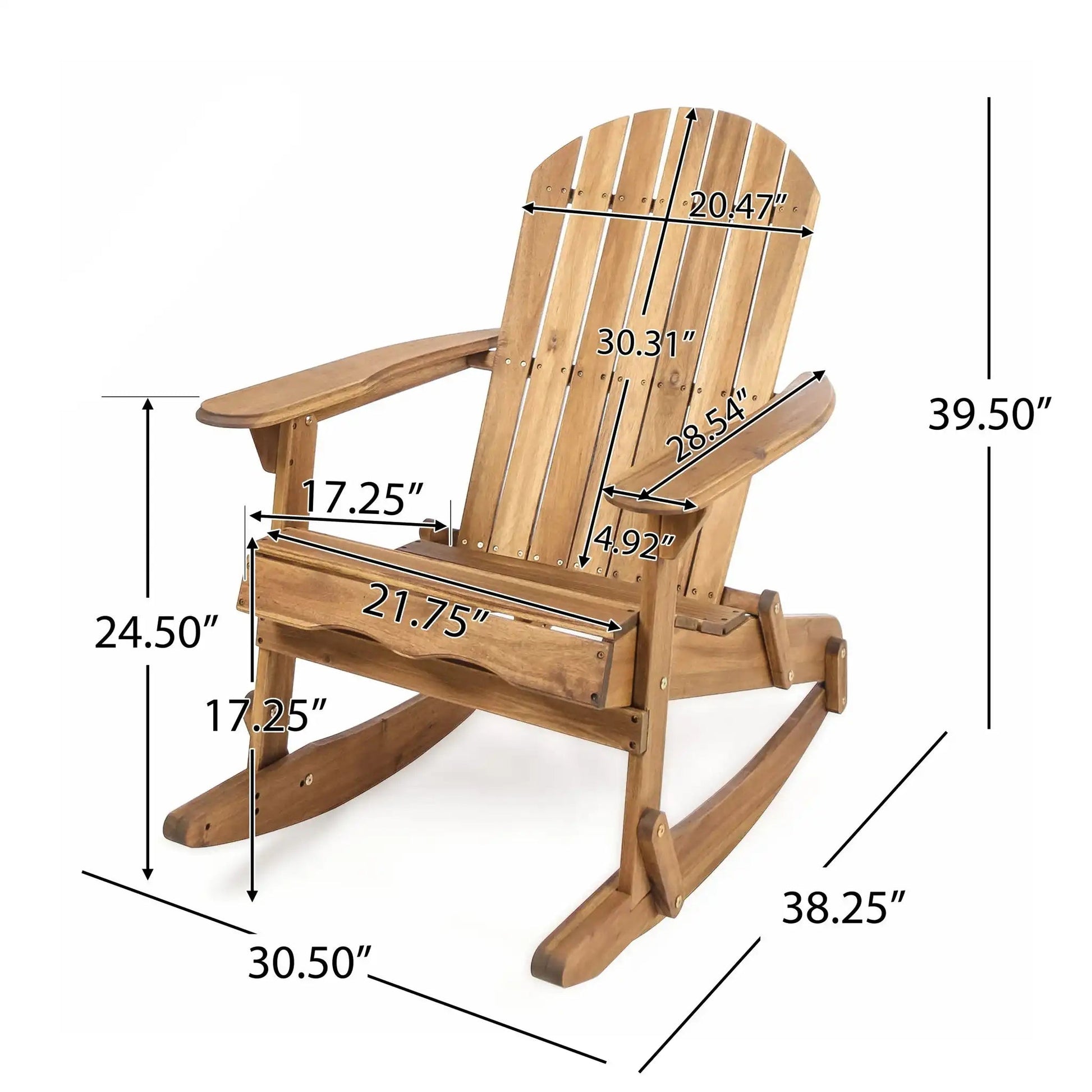 Outdoor Adirondack Rocking Chair HouseOfZazla natural wood finish with handcrafted details on Tampa Home & Garden Store
