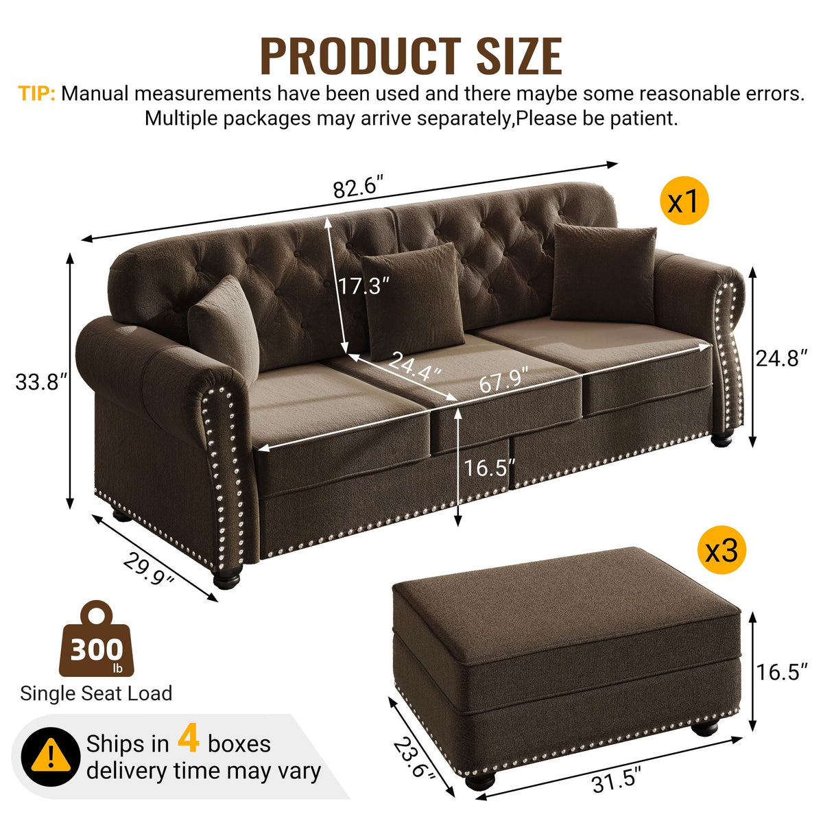 Upholstered Sofa Set with Nailhead and Pillows