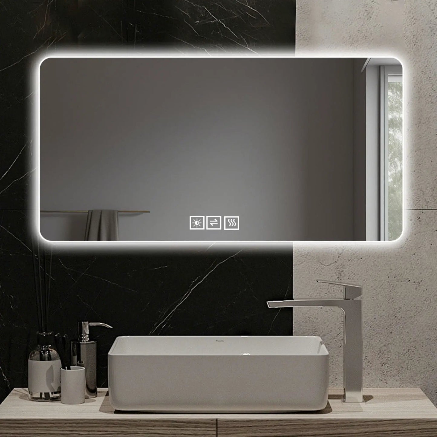 LED bathroom mirror with 3-color dimmable backlight and rounded corners in a stylish bathroom on Tampa Home & Garden Store