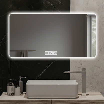 LED bathroom mirror with 3-color dimmable backlight and rounded corners in a stylish bathroom on Tampa Home & Garden Store