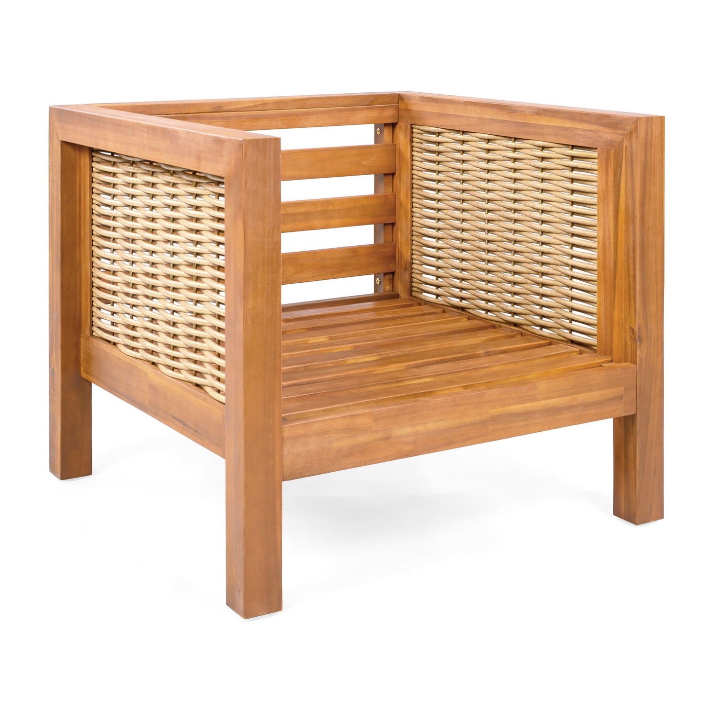 Outdoor club chair with wicker armrests and warm wooden frame natural woven panels on Tampa Home & Garden Store