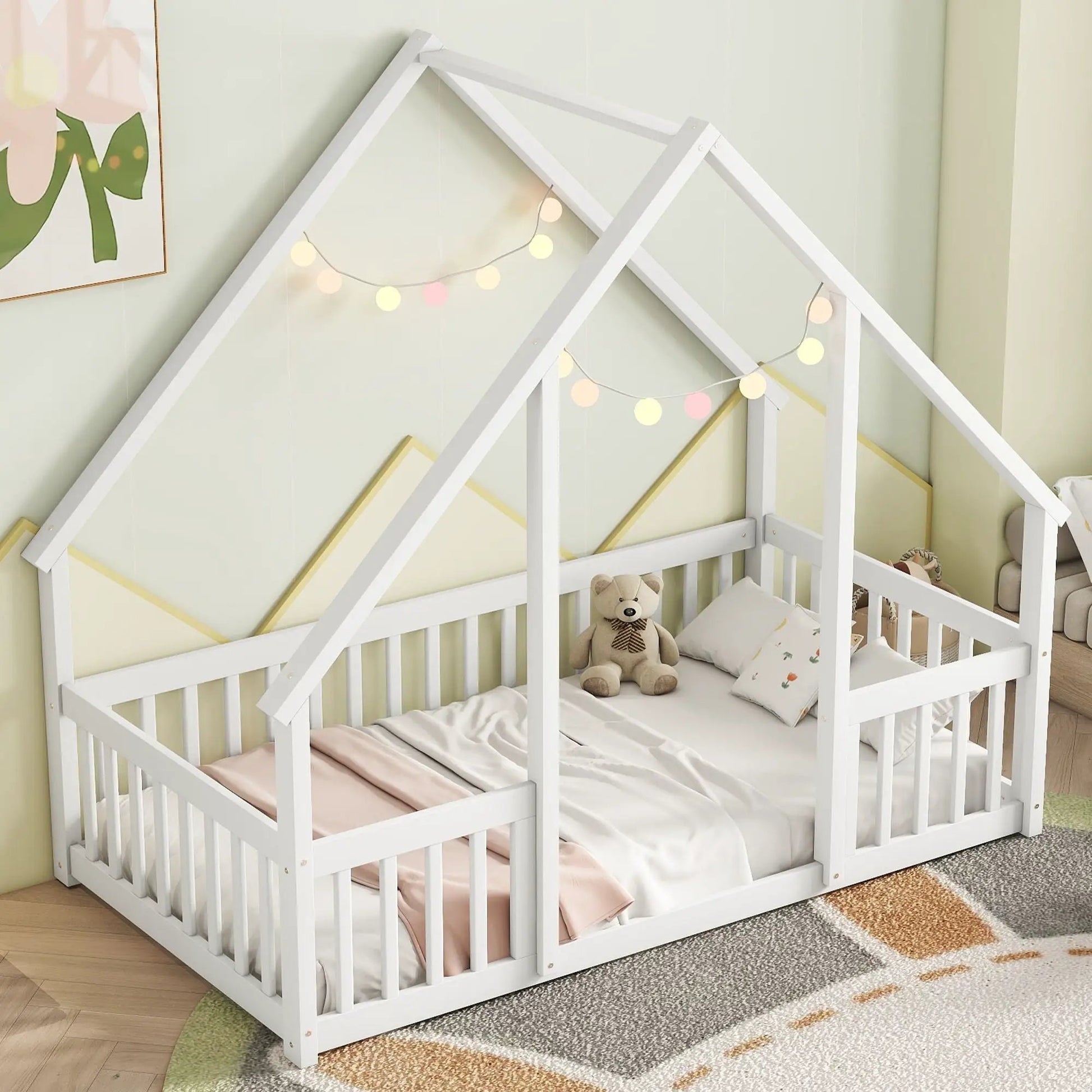 Wood house-shaped floor bed with fence and guardrails in white by Unique Piece Furniture on Tampa Home & Garden Store