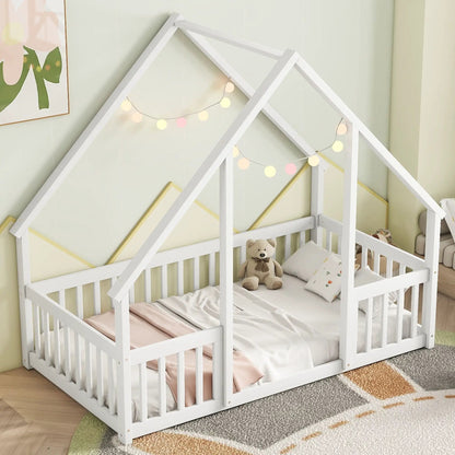 Wood house-shaped floor bed with fence and guardrails in white by Unique Piece Furniture on Tampa Home & Garden Store