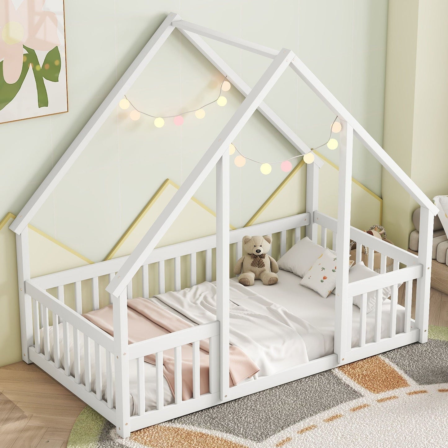 A Wood House Floor Bed with Guardrail Fence