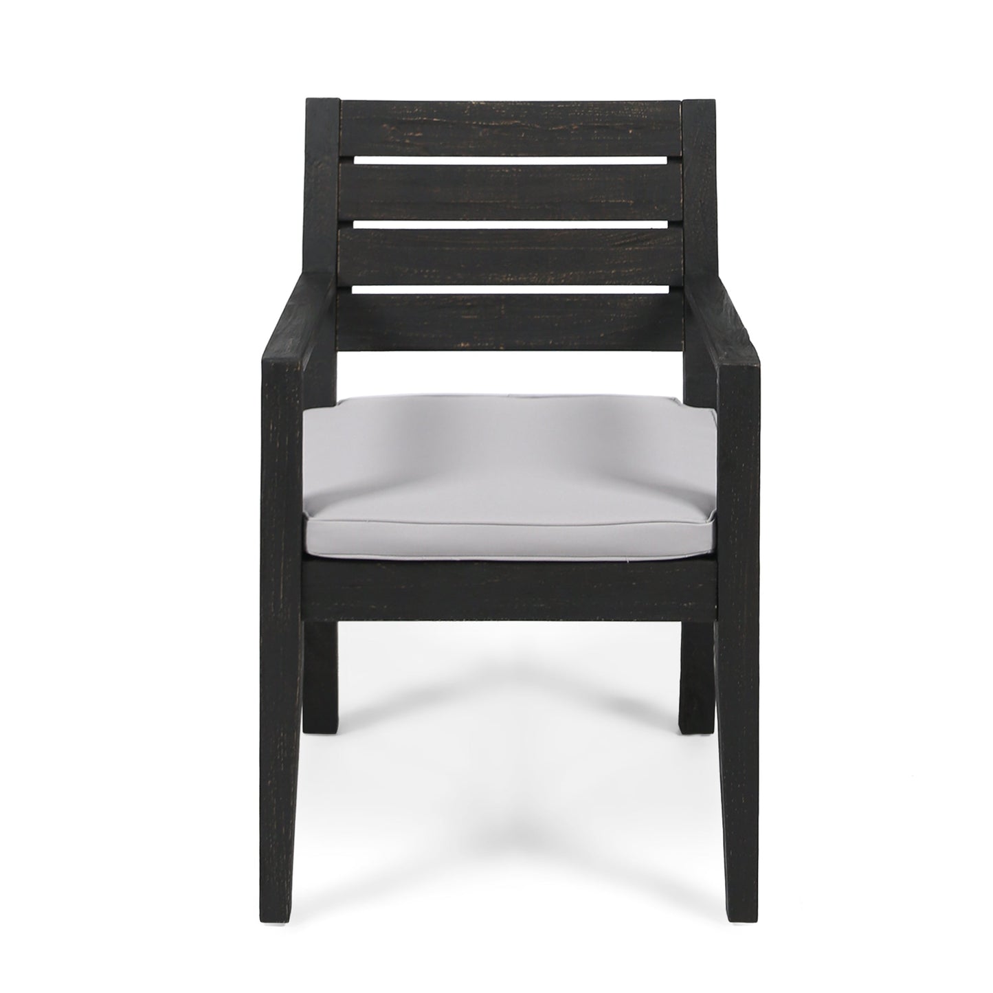 Outdoor Acacia Wood Dining Chair with dark sandblasted finish and light gray cushion on Tampa Home & Garden Store