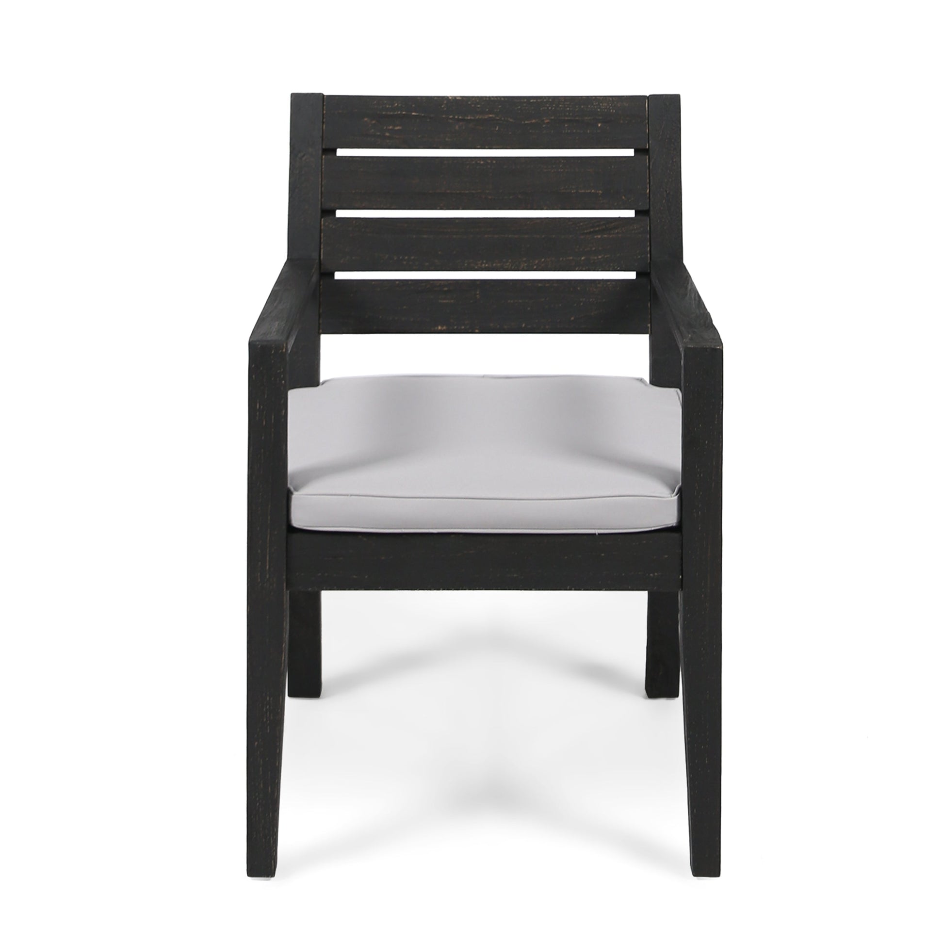 Outdoor Acacia Wood Dining Chair with dark sandblasted finish and light gray cushion on Tampa Home & Garden Store