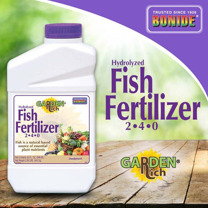Bonide Fish Fertilizer 2-4-0 in white plastic bottle with purple cap on Tampa Home & Garden Store
