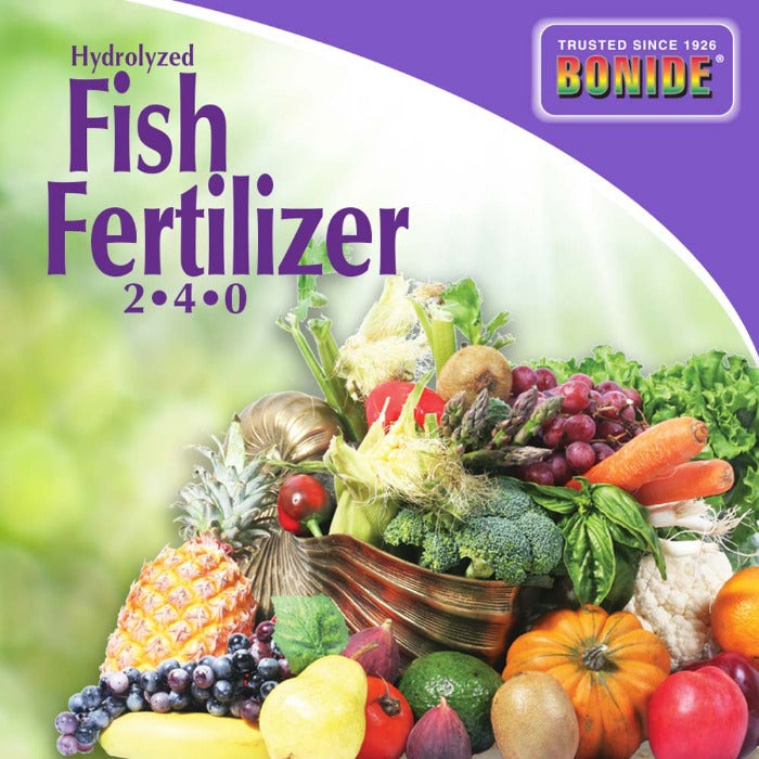 Bonide Fish Emulsion 2-4-0 fertilizer packaging with hydrolyzed fish emulsion on Tampa Home & Garden Store