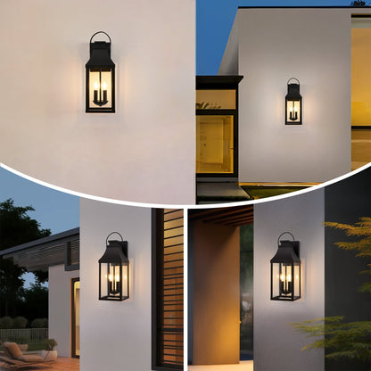 20-inch outdoor wall light 2-pack from HouseOfZazla black metal lanterns with glass panels and candle bulbs on exterior walls on Tampa Home & Garden Store