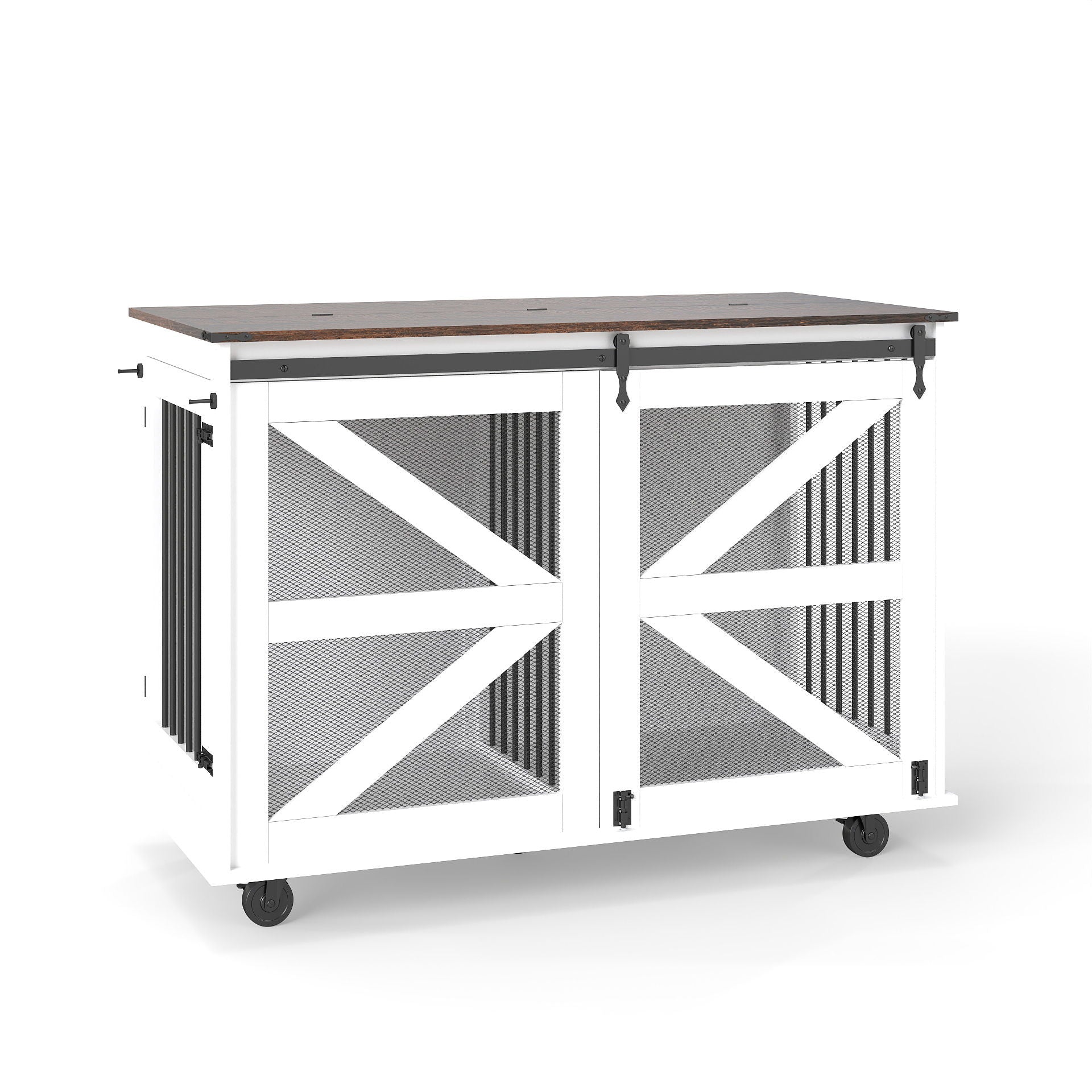 Mobile dog crate with brown top and white body flip-top feeding door 5-caster HouseOfZazla on Tampa Home & Garden Store