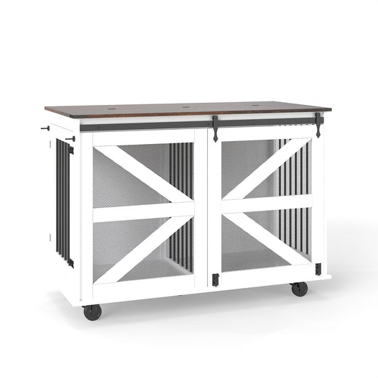 Mobile dog crate with brown top and white body flip-top feeding door 5-caster HouseOfZazla on Tampa Home & Garden Store