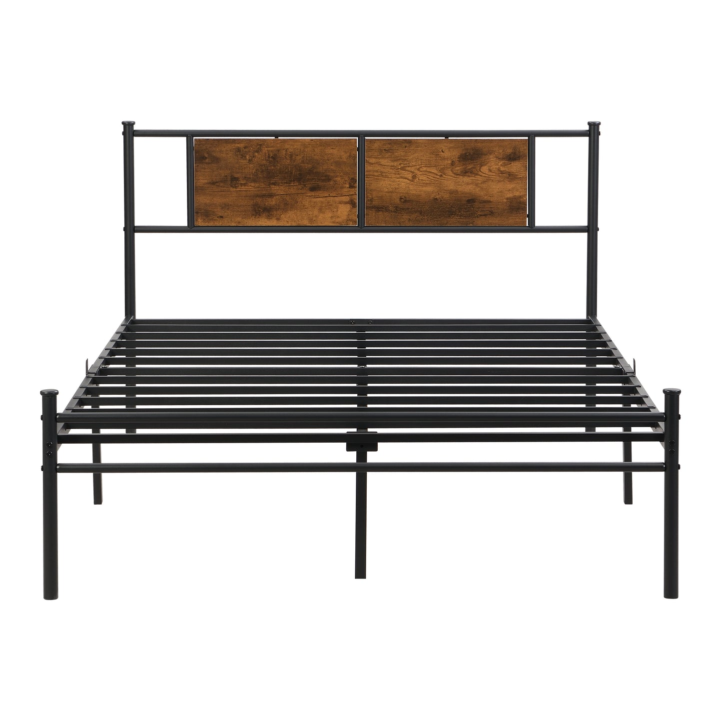 HouseOfZazla California King bed frame in black metal with two wood headboard panels on Tampa Home & Garden Store