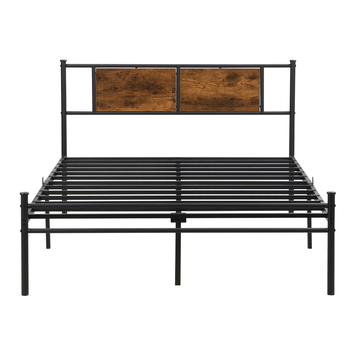 HouseOfZazla California King bed frame in black metal with two wood headboard panels on Tampa Home & Garden Store