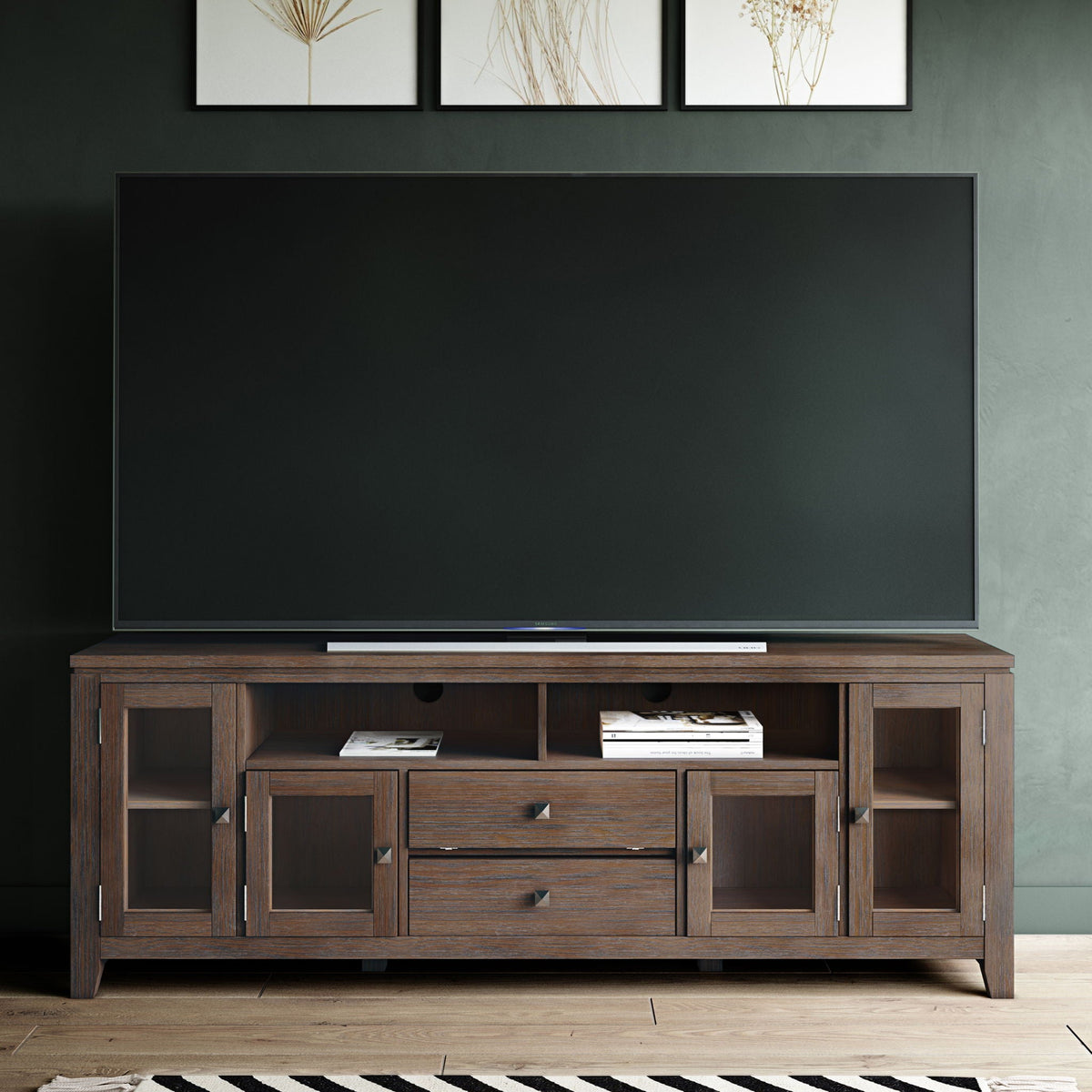 Wide handcrafted solid wood media stand and shelf supporting a Samsung TV on Tampa Home & Garden Store