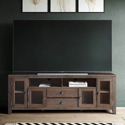 Wide handcrafted solid wood media stand and shelf supporting a Samsung TV on Tampa Home & Garden Store