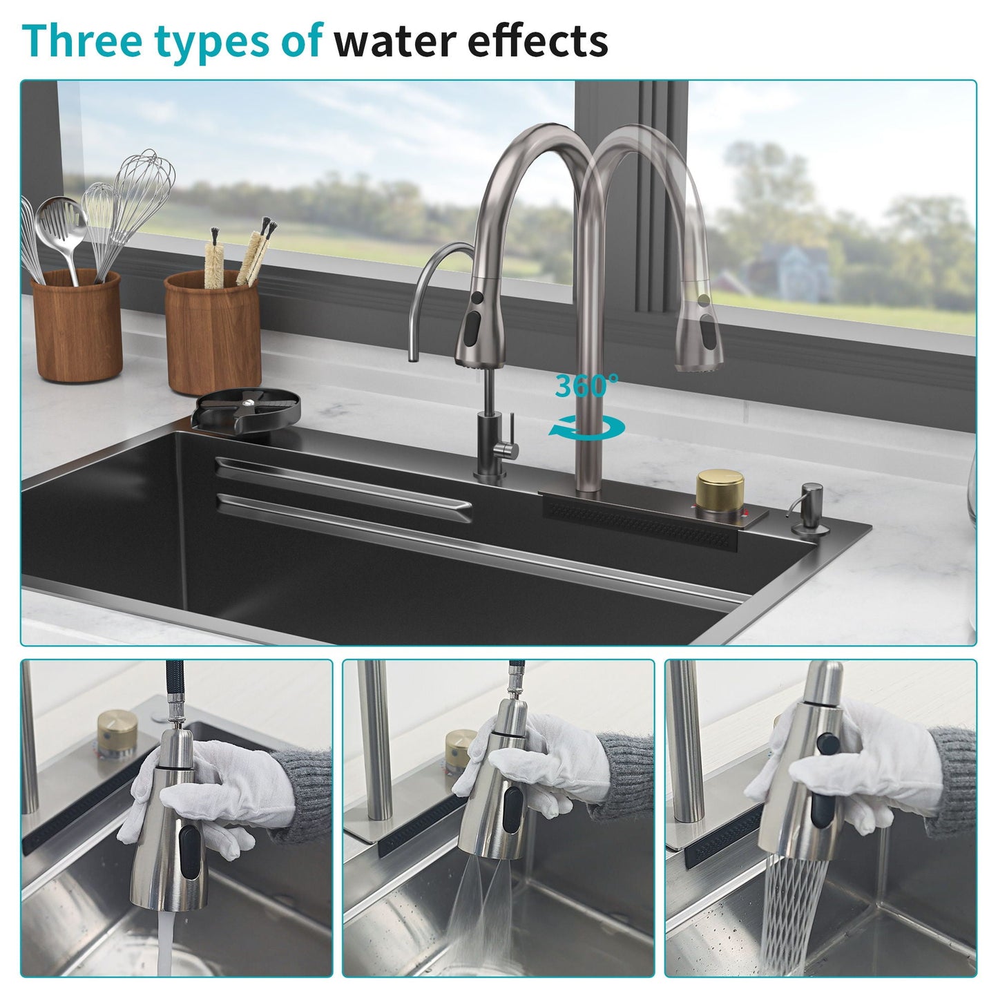 Brushed Waterfall Sink with Faucet and Cup Washer
